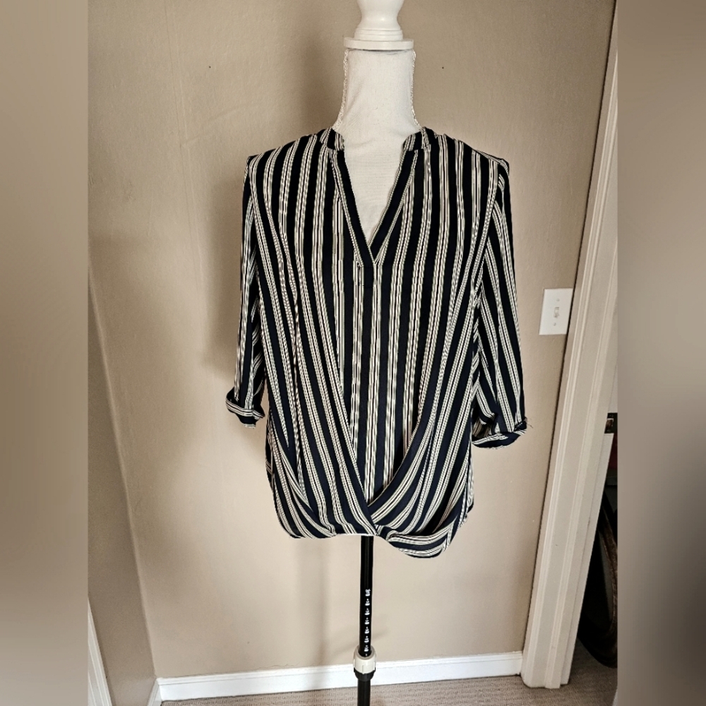Striped Navy Blue,yellow And White Women's Faux Wrap Top